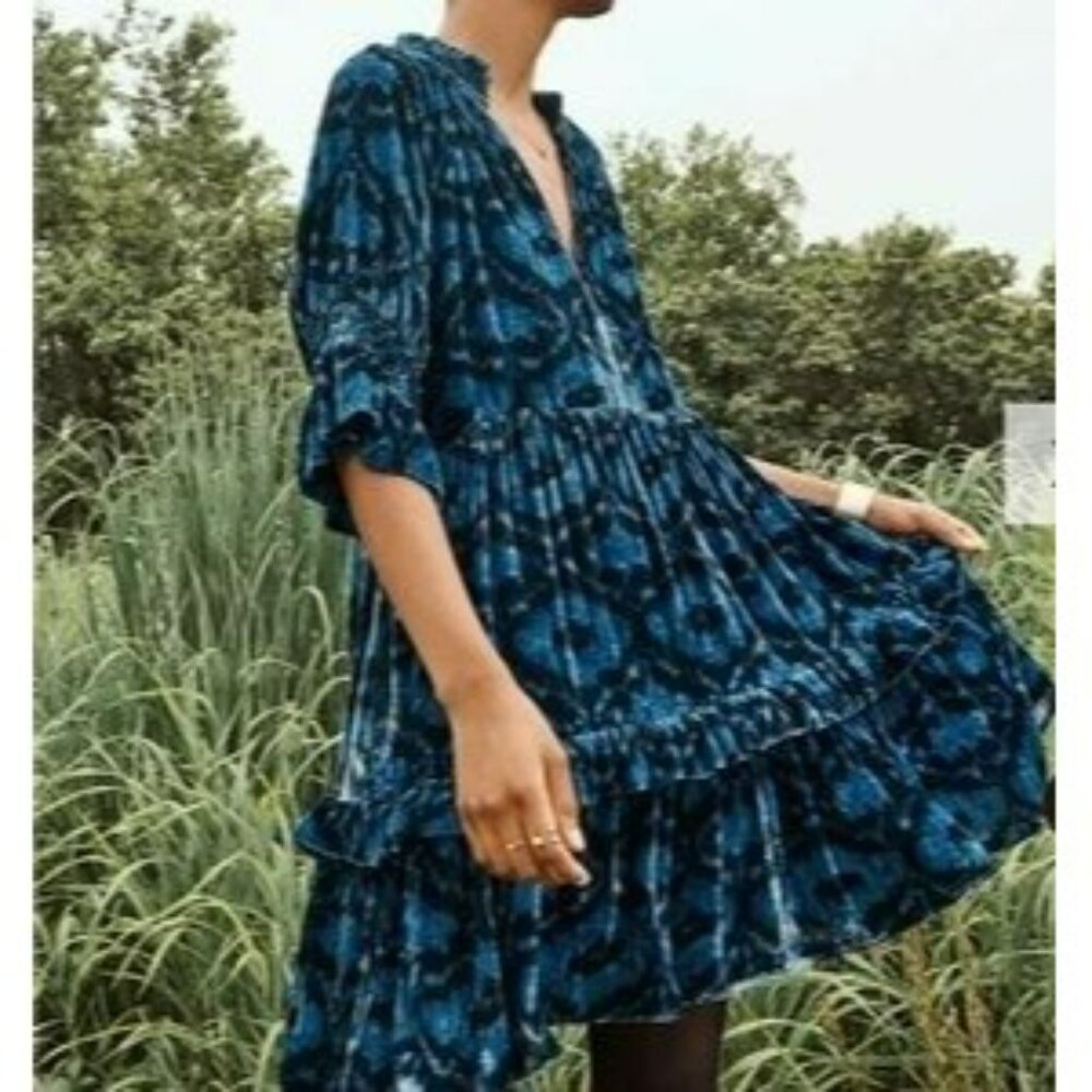 NEW Figue Navy Blue Velvet Burnout Boho Print Romantic Whimsigoth Mini Dress - Picture 2 of 11